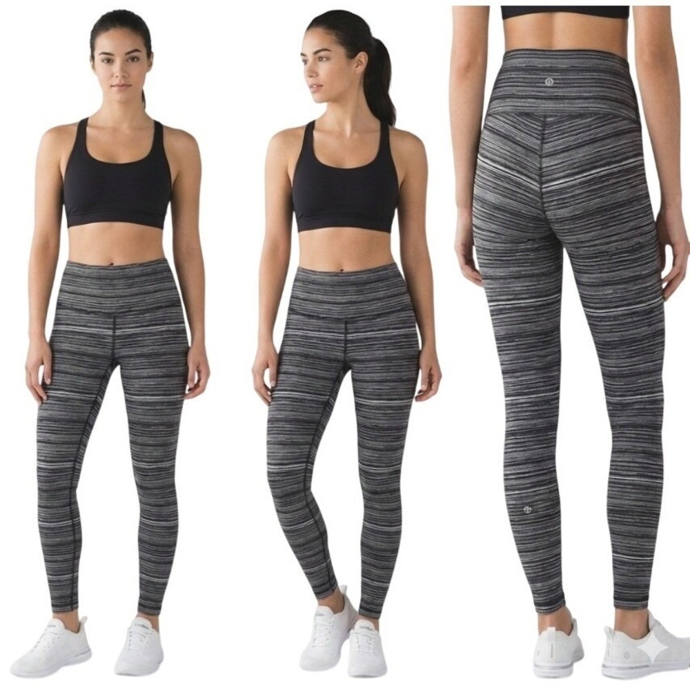 Lululemon High Rise Leggings Women 6 Gray Space Dye Striped Yoga Activewear